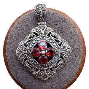 VTG Sterling Silver 925 Garnet & Marcasite Ornate Pendant Size 1.5" Length